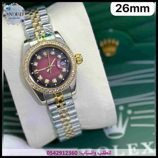 mf95 ساعة رولكس نسائية بإطار فصوص rolex (28) ساعة رولكس نسائي عنابي