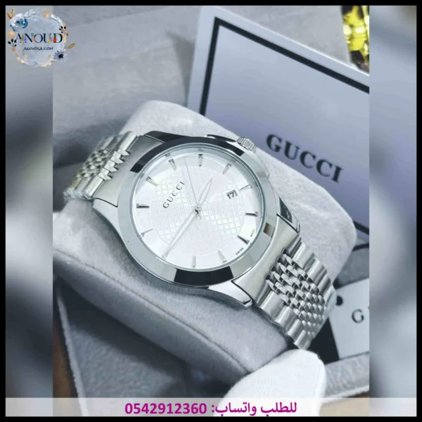 ساعة قوتشي رجالية فضية سير ستيل مينا أبيض لؤلؤي درجة اولى