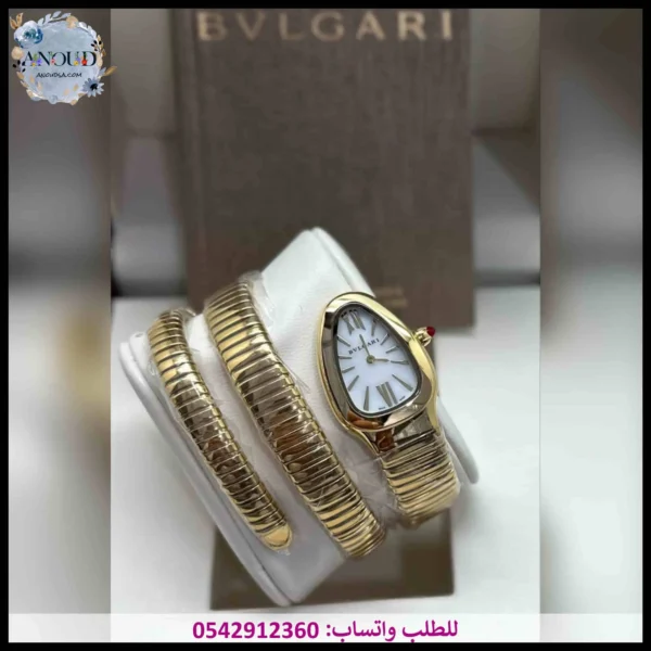 ساعة بولغاري لفتين ذهبي نسائية موديل الثعبان مع مينا أبيض