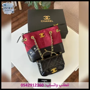 شنطة شانيل أحمر وأسود قطعتين حجم كبير وصغير نسائية كلاسيك