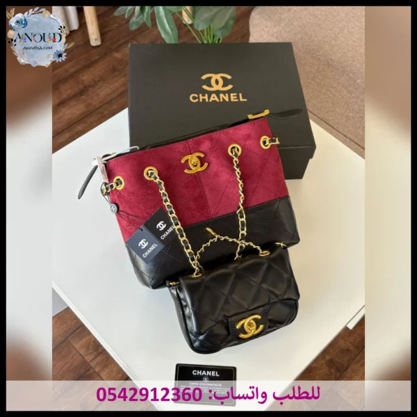 شنطة شانيل أحمر وأسود قطعتين حجم كبير وصغير نسائية كلاسيك