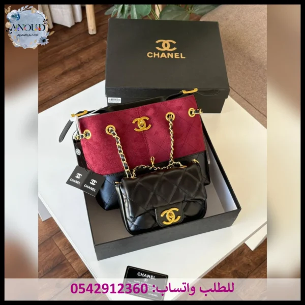 شنطة شانيل أحمر وأسود قطعتين حجم كبير وصغير نسائية كلاسيك