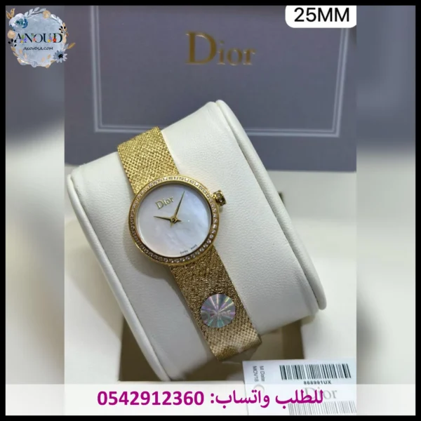 ساعة ديور حصير نسائي ذهبية مينا أبيض وسط 25MM مع إطار فصوص